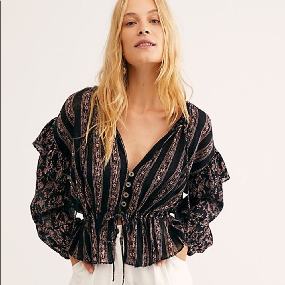 NWT Free People Black Ruffle Cotton Peasant Blouse